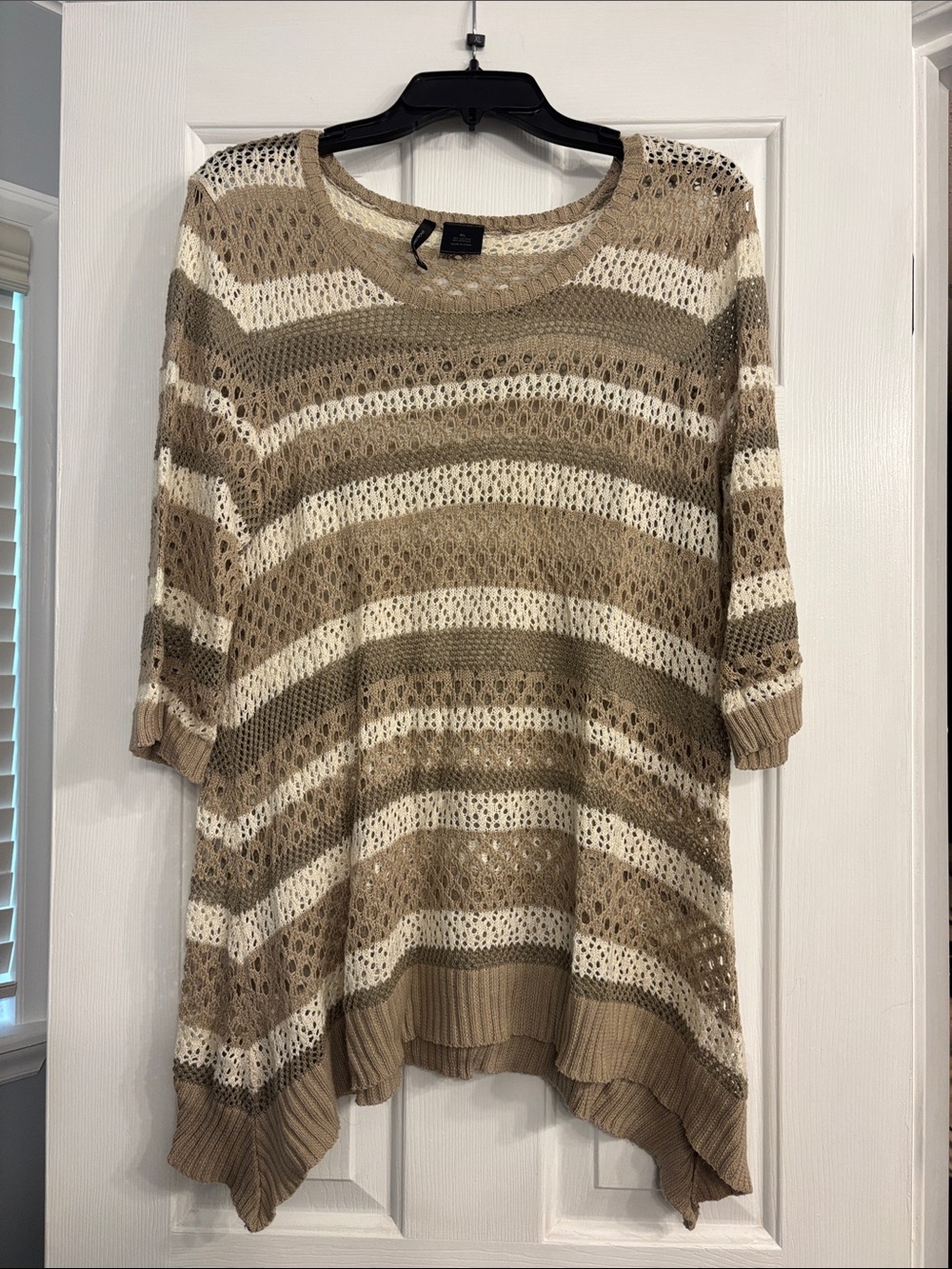 new directions Open-Knit Scoop Neck Striped Sweater in Beige & White
